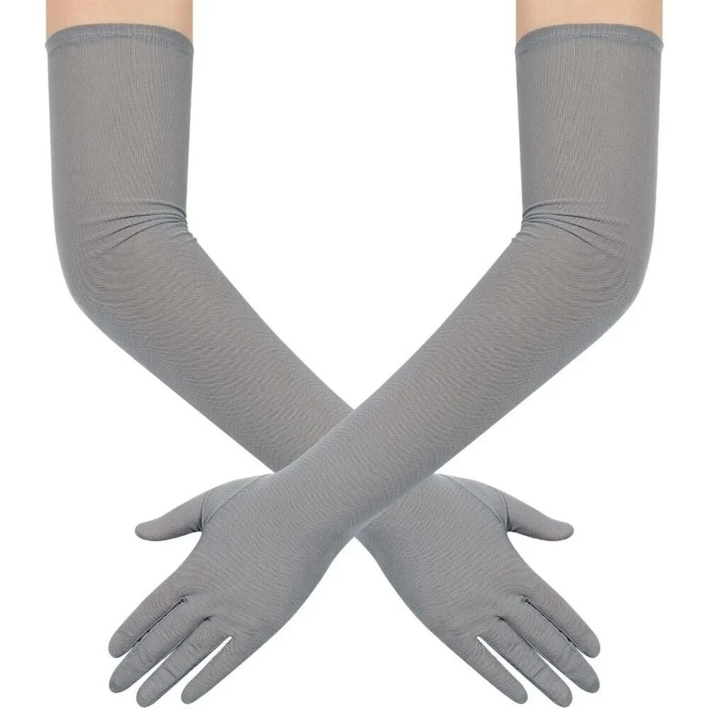 Women's Tulle Mesh Gray Long Stretchy Gloves Halloween Party Wedding Costume